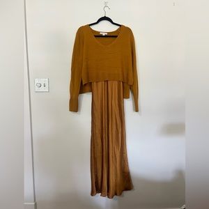 Chelsea & Violet Silk Slip Dress and Sweater set in a deep mustard gold color.
